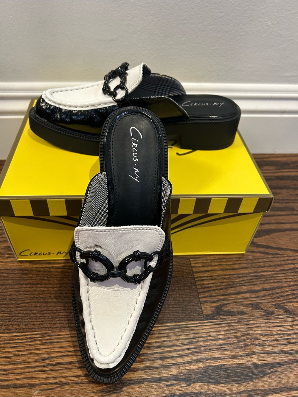 Circus by Sam Edelman Two-Tone Black and White Chain Slip-On Mules